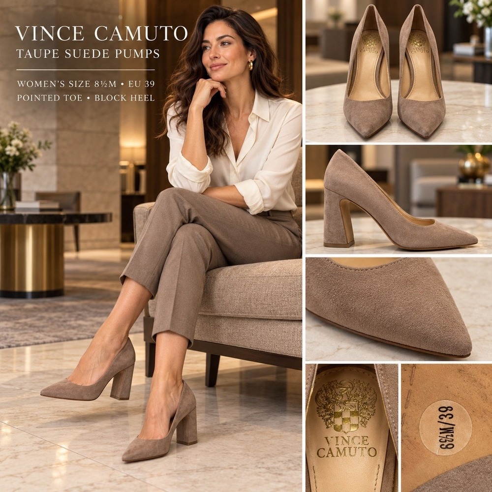 Vince Camuto Taupe Suede Pointed Toe Block Heel Pumps Size 9.5M